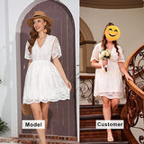 Women's V-Neck Embroidered Lace Mini Dress Short Sleeve White Lace Bridal Shower Dress Wedding Guest Cocktail Dress