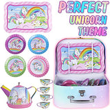 Peertoys Tea Set for Little Girls - Unicorn Party Toys Teapot Gift Set for Kids Age Party Decorations Pretend Kitchen Play Princess with Storage Case and Accessories Plates Age 3 4 5 6 7 8 Or Above