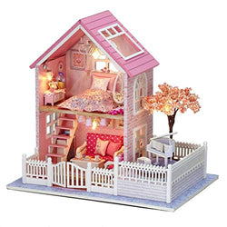 Rylai 3D Puzzles Miniature DIY Dollhouse Kit Pink Cherry Blossoms Series Dolls Houses Accessories with Furniture LED Music Box Best Birthday Gift