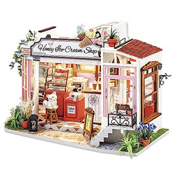 ROBOTIME Dollhouse Miniature with LED Wooden Miniature Craft Kits for Adults DIY Model Ice-Cream Shop Kits Creative Gift