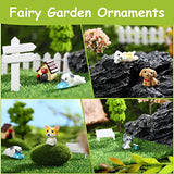 17 Pcs Dollhouse Garden Fairy Ornaments Mini Animals Miniature Ornament Kit Micro Landscape Figurines Resin Puppy House Fake Moss Garden Fence Signpost Trees Chair for Dollhouse Crafts Accessories DIY
