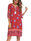 Bohemian Floral Red Dress Ethnic Style Tunic Boho Dresses Summer Short with Tie Neck M