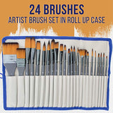 U.S. Art Supply 24-Piece Artist Paint Brush Set - Professional All-Purpose Taklon Synthetic Brushes, Filbert, Round, Flat Bristles - Painting Portraits, Canvas, Paper, Wood - Watercolor, Acrylic, Oil