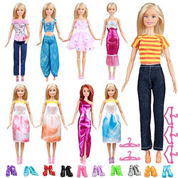 Keysse Doll Clothes 24 Items Gift Set, 9 Sets Fashion Casual Wear Clothes Outfit and 5 Hangers Compatible with 11.5" Doll and 10 Pairs Shoes for Girl Gift