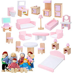 Wooden Dollhouse Furniture Doll House Furnishings with 8 Pieces Winning Doll Family Set, Dollhouse Accessories for Boys Girls Miniature Dollhouse, Family Figures Imaginative Play Toy (Pink Style)