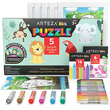 Arteza Kids Jigsaw Puzzle Kit, 5 Safari Puzzles, 16 Crayons, 6 Tubes of Glitter Glue, 5 Frames, DIY and Screen-Free Kids’ Activities for Ages 3 and Up, Christmas, Birthday Gifts for Boys and Girls