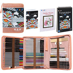 H & B 80 Pack Drawing & Art Supplies Kit,Colored Sketching Art Pencil kit with 3-Color Sketch Pad,Coloring Book,Include Graphite,Charcoal,Watercolor,Metallic & Oil-based Colored Pencils(Pink)