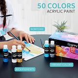 UPGREY 50 Colors Acrylic Paint Set, Non Toxic Art Paints (2fl Oz/60ml Each) With 5 Craft Paint Brushes, Metallic Acrylic Paints Kids Adults for Canvas Crafts Stone Wood Ceramic And Model Painting