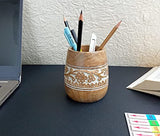 Mie Creations Designer Pencil Holder for Desk Wood | Paintbrush Holder Cup, Desk Accessories, Cute Make Up Brush Organizers | Office Desktop, Wooden Pen Stand | Stationary, Art Supplies | White-4.2''