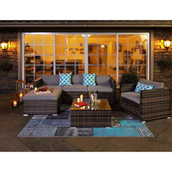 COSIEST 6-Piece Outdoor Furniture All-Weather Mottlewood Brown Wicker Sectional Sofa w Warm Gray Thick Cushions, Glass-Top Coffee Table, 3 Teal Pattern Pillows Incl. Waterproof Cover, Clips