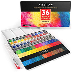 ARTEZA Watercolor Paint, Set of 36 Assorted Vibrant Colors in Half Pans (in Tin Box) with Water