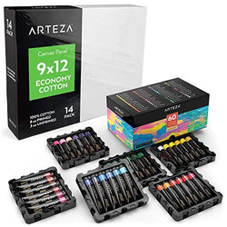 ARTEZA 9x12" Bulk Pack of 100% Economy Cotton Canvas Panels, Set of 14 + Acrylic Paint, 22 ml Tubes, Set of 60 Assorted Colors, Ideal for High Volume Users, Art Classes, and Practice Studies