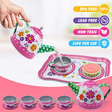 34PCS Kids Tea Party Set for Little Girls, Princess Pretend Play Toy Tin Tea Set, Dessert Teapot Dishes Playset, Flower Hat & Purse, Jewelry Sets, Birthday Gift Toys for Girls Toddlers Kids Ages 3+