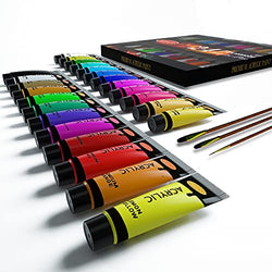 Acrylic Paint Set of Expert 24 Colors （0.74fl oz) 22 ml Tubes with 3 Paint Brushes Art Kits,Acrylic Painting for Kids and Adults Beginners Students Professionals