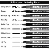 Morfone 10 Size Hand Lettering Pens Calligraphy Brush Pens Black Ink Markers Set Art Kit for Beginners, Hand Writing, Drawing, Sketching, Journaling, Illustrations