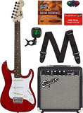 Squier by Fender Short Scale (24") Stratocaster - Transparent Red Bundle with Frontman 10G Amp, Cable, Tuner, Strap, Picks, Fender Play Online Lessons, and Austin Bazaar Instructional DVD