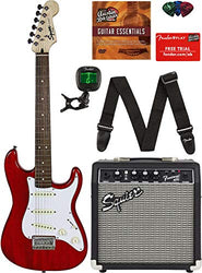 Squier by Fender Short Scale (24") Stratocaster - Transparent Red Bundle with Frontman 10G Amp, Cable, Tuner, Strap, Picks, Fender Play Online Lessons, and Austin Bazaar Instructional DVD