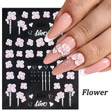 6PCs 5D Embossed Flower Nail Art Stickers Decals 3D Self-adhesive Three-dimensional Elegant Realistic White Pink Flowers Retro Three-dimensional Sliders For Nails Floral Petals Decor Nail Decorations for Women Girls 6 Sheets (White Flower)