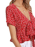 Romwe Women's Allover Print Short Sleeve Tie Knot Front Ruffle Peplum Crop Tops Blouse Red M