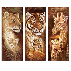 DIY 5D Diamond Painting, 3 Piece Full Circle Diamond Painting Set Lion Tiger Giraffe Canvas Size 10inX22in