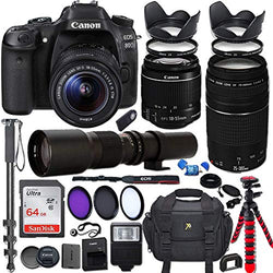 Canon EOS Rebel 80D DSLR Camera with 18-55mm is STM Lens Bundle + Canon EF 75-300mm f/4-5.6 III Lens and 500mm Preset Lens + 64GB Memory + Filters + Monopod + Spider Tripod + Professional Bundle