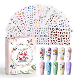 AIMEILI 30 Sheets Nail Art Stickers Colorful Butterfly Flower 3D Self-Adhesive Nail Stickers for Nail Art Decoration