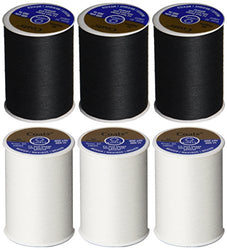 6 Pack Bundle - (3 Black + 3 White) - Coats & Clark Dual Duty All-Purpose Thread - Three 400 Yard