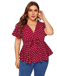 Romwe Womens Plus Size Polka Dots Knot Front Deep V Neck Short Sleeve Blouse Tops Red 2X Plus