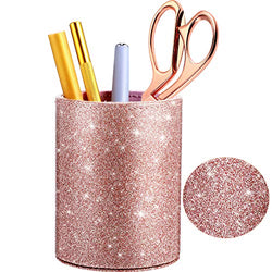 PU Glitter Pen Holder Pencil Cup Rose Gold Shiny for Women Girls, Luxury Makeup Brush Holder Pu Leather Organizer Cup Gift for Desk Office Classroom Home