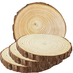 FSWCCK 4 Pack Unfinished Large Wood Slices, 7-8 Inches Round Wooden Circle with Tree Bark, Rustic Wood Slices for DIY Painting Crafts, Weddings Centerpieces Decor