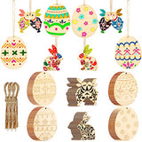 36 Pieces Easter Unfinished Wood Ornaments Cutouts Slices Tags DIY Egg Bunny Wooden Ornaments Easter Hanging Wooden Ornaments with Rope for Easter Party Decorations