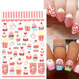 3D Donuts Nail Art Stickers Valentine’s Day Nail Decoration Stickers Ice Cream Nail Charms Desserts Pop Corn Design Self-Adhesive Nail Decals Kids Cute Decals Strawberry Cake Nail Wraps 5 Sheets