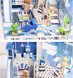 LFHT Wooden Miniature DIY House Kit with LED Light, 3D Assembly Dollhouse Kit Toy Blue House Christmas, Birthday Gift