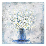 Vintage Abstract Flower Canvas Wall Art Floral Picture White Flowers in Blue Bottle Botanical Artwork Oil Painting for Bedroom Living Room Bathroom Home Office Décor 14''x14''