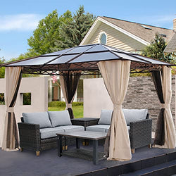 Grand patio 10x12 FT Outdoor Hardtop Gazebo Single Roof Pergolas Metal Aluminum Frame Polycarbonate Top Canopy 99% UV Rays Block with Netting and Curtains for Garden, Lawn, Backyard and Deck, Brown