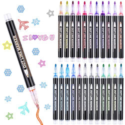 Welcome Back to School Double Outline Pens,24 Colors Glitter Metallic Outline Markers,Super Squiggles Marker Set for Writing,Painting,Christmas Birthday Festival Greeting Card,DIY Art Crafts