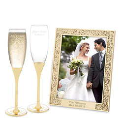 Things Remembered Personalized Gold Glitter 5”x7” Frame and 7 OZ. Toasting Flutes Set with Engraving Included