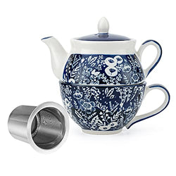 Taimei Teatime Ceramic Blue Tea Set in British Rural Style with Handpainted Floral Pattern, 15 fl.oz Teapot with Infuser and Tea Cup Set, Tea for One Set Gift for Women