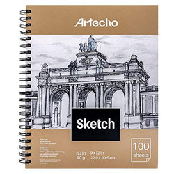 Artecho 9x12" Sketch Book, 100 Sheets (60 lb/90gsm), Spiral Bound, Art Supplies Sketch Pad, Durable Acid Free Drawing Paper, Ideal for Kids & Adults, Natural White