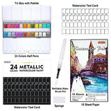 Metallic Watercolor Paints, Shuttle Art 24 Colors Glitter Watercolor Paint in Half Pans with Water Brush Pen Watercolor Pad &Mental Box, Art Supplies for WatercolorPainting, Illustrations, Calligraphy
