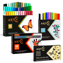 ARTCY Set of 42 Acrylic Markers Med Tip, 12 Extra fine tip, 3 gold and 3 silver, and 48 Watercolor Brush Pens
