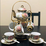 DaGiBayCn 20 Piece European Ceramic Tea Set Coffee set Porcelain Tea SetWith Metal Holder,flower tea set Red Rose Painting,160ML/Cup,460ML/Pot (Large version).