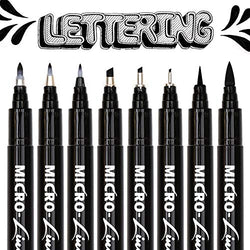 Hand Lettering Pens, Calligraphy Brush Pen, 8 Size Black Markers Set for Artist Sketch, Technical, Beginners Writing, Art Drawings, Signature, Water Color Illustrations, Bullet Journaling