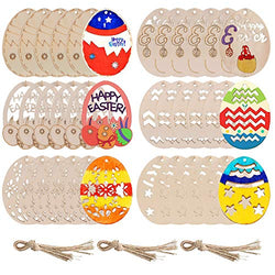 Unfinished Wooden Easter Ornaments, 36Pcs DIY Crafts Easter Egg Shape Cutouts Pendants Embellishments Wood Slices Hanging Tags with Ropes for Easter Hunt Activity Decor, Easter Party Favor Supplies