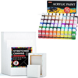 Shuttle Art Stretched Canvas and Acrylic Paint Bundle, Art Painting Supplies Set for 50 Colors Acrylic Paint Bottles (60ml/2oz) & 15 Pack Painting Canvas (5x7”, 8x10”, 9x12”, 11x14”)