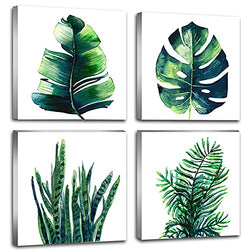 Leaf Home Wall Decorations Art Decor for Bathroom Bedroom Pictures Canvas Prints Boho Dark Green Leaves Plant Simple Life Minimalist Tropical Botanical Water Color Set of 4 Piece 20" X 20" Framed