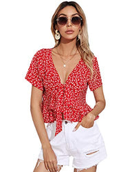 Romwe Women's Allover Print Short Sleeve Tie Knot Front Ruffle Peplum Crop Tops Blouse Red M