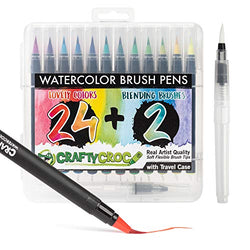 Crafty Croc Watercolor Paint Brush Pens - Set of 24 Vibrant Water Color Brush Markers with Real Nylon Tips for Watercolor Painting and Hand Lettering- Includes Travel Case and 2 Water Blending Brushes
