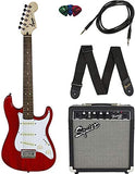 Squier by Fender Short Scale (24") Stratocaster - Transparent Red Bundle with Frontman 10G Amp, Cable, Tuner, Strap, Picks, Fender Play Online Lessons, and Austin Bazaar Instructional DVD