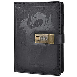 Dragon Leather Journal, Hardcover Notebook, Locked Refillable Diary, Lined/Blank Paper Writing Journals with Combination Lock for Men Women Child (Black)